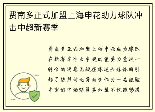 费南多正式加盟上海申花助力球队冲击中超新赛季