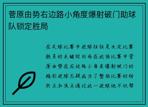 菅原由势右边路小角度爆射破门助球队锁定胜局 菅原由势右边路小角度爆射破门助球队锁定胜局